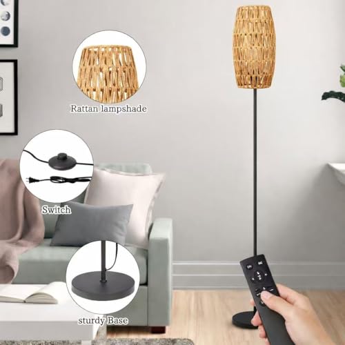 Ruiever Floor Lamp for Living Room,Farmhouse Floor lamp,Modern Standing lamp with Hand-Worked Rattan Shade (Drum Shade-with Remote) - style: Drum Shade-with Remote