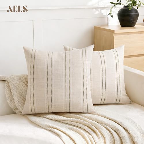 AELS 18x18 Decorative Farmhouse Linen Blend Throw Pillow Covers, Boho Textured Pillow Case, Set of 2, Beige with White & Brown Stitch Yarn Dyed Stripe Cushion Cover for Sofa Living Room (Cover ONLY) - color: Beige With White & Brown, size: 18" x 18" (Pack