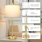JUNNAI 2 Pack 22"-30" Adjustable Height Table Lamps Set, Modern Gold Table Lamps with White Shade 3 Colour Temperature Pull Chain Tall Lamps for Living Room Bedroom Bedside End Table Nightstand - color: Gold+White Shade Set of 2