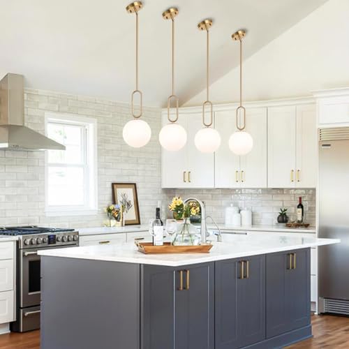 Modern Gold Globe Pendant Light White Globe Glass Shade Brushed Brass Finished Adjustable Rods Hanging Light Fixtures for Kitchen Island Living Room - color: Gold 1 Pack-Adjustable Rods