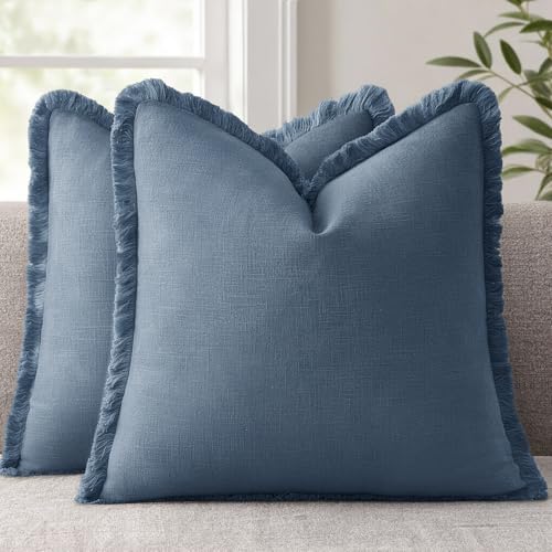 ANRODUO Set of 2 Decorative Throw Pillow Covers 26×26 Inch Soft Linen Fringe Farmhouse Boho Vintage Cushion Covers with Tassels Accent Pillowcase for Couch Sofa Bed Living Room Summer Blue Ashes - color: Blue Ashes, size: 26" x 26" (Pack of 2)