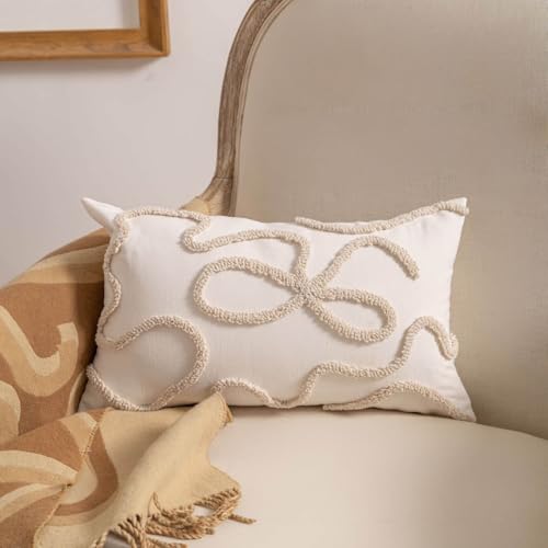 Coquette Bow Tufted Throw Pillow Cover 12x20, Boho Neutral Linen Cushion Case, Farmhouse Modern Decorative Pillow for Bed, Couch, Bedroom, Car, Cream - color: Cream