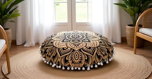 CRAFT KALA 32" in Round Mandala Floor Pillow Cushion Cover Seating Throw Cover Hippie Decorative Bohemian Ottoman Poufs Pillow Cover Cases Boho Cotton Living Yoga Home Décor Room (Black Gold Flower) - color: Black Gold Flower