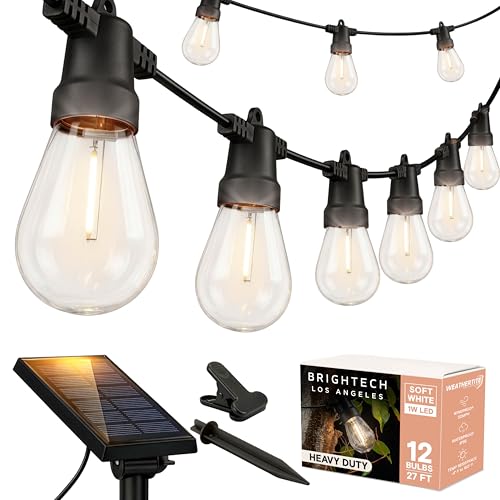 Brightech Ambience Pro Solar Powered Outdoor String Lights -27 ft Commercial Grade Waterproof Edison Patio Lights, Shatterproof LED String Lights for Outside, Porch - 12 Bulbs, 1W Soft White - color: Bright, size: 27 Feet