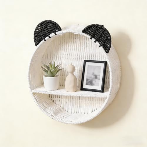 Panda Nursery Decor Wall Shelf, Handwoven Wicker Nursery Shelves for Wall, Wall Mounted Shelf for Small Books, Toys & Decor - color: White+Black