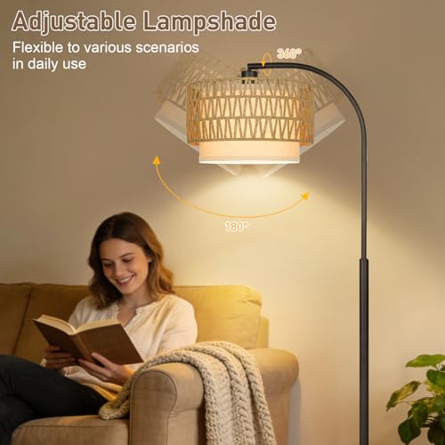Rattan Floor Lamp, Dimmable Boho Floor Lamp, Farmhouse Arc Standing Lamp with Adjustable Rattan & Fabric Shades, Modern Lamp Tall Lamp for Living Room Bedroom Office Reading Room, Bulb Included - color: Black with rattan shade