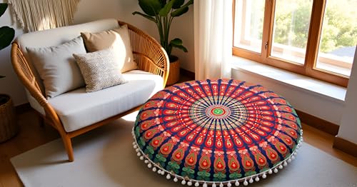CRAFT KALA 32" in Round Mandala Floor Pillow Cushion Cover Seating Throw Cover Hippie Decorative Bohemian Ottoman Poufs Pillow Cover Cases Boho Cotton Living Yoga Home Décor Room (Multi Mirchi) - color: Multi Mirchi