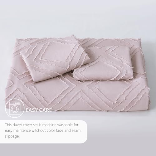 Duvet Cover Queen Size, 3PCS Boho Duvet Cover Set, Geometric Pattern Tufted Bohemian Comforter Cover Jacquard Knit Textured Bedding Set with Zipper Closure - color: Pink, size: Queen