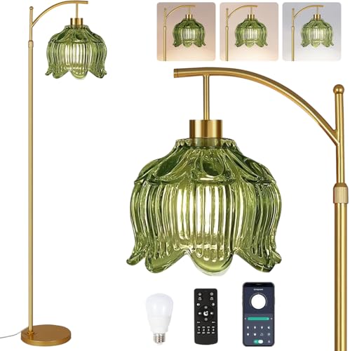 QIYIZM Glass Floor Lamp for Living Room,Bedroom,Gold Dimmable Standing Lamp with Remote,Mid Century Modern Brass Tall Lamp Boho Vintage Floor Lamps Arc Green Tulip Flower Floor Light Lamp Bohemian - size: 29-Floor Lamp