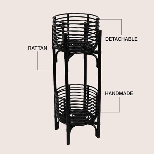 JONATHAN Y Zachariah 33.5" Bohemian Minimalist Handmade Rattan 2-Tier Indoor Planter Stand, Black Woven Decorative Stand PLN3000C - color: Black
