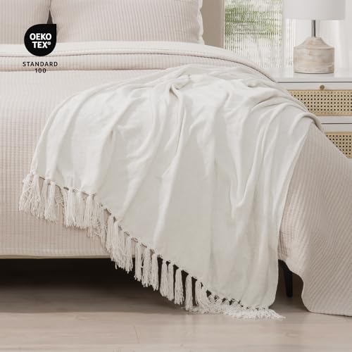 RECYCO Throw Blanket Soft Cozy Chenille Throw Blanket with Fringe Tassel for Couch Sofa Chair Bed Living Room Gift (Ivory White, 50" x 60") - color: Ivory White, size: 50'' X 60''