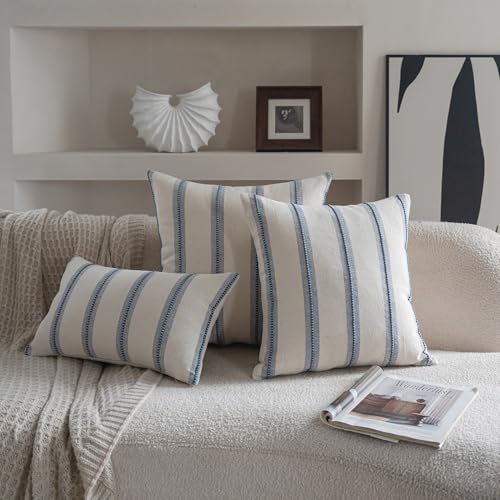 Cethom Boho Lumbar Throw Pillow Covers 12x20 Set of 2, Beige and Blue Striped Decorative Pillow Cases for Couch Chair Bed, Farmhouse Accent Cushion Covers for Living Room Bedroom Sofa Home Decor - color: Classic Blue, size: 20" x 12" (Pack of 2)