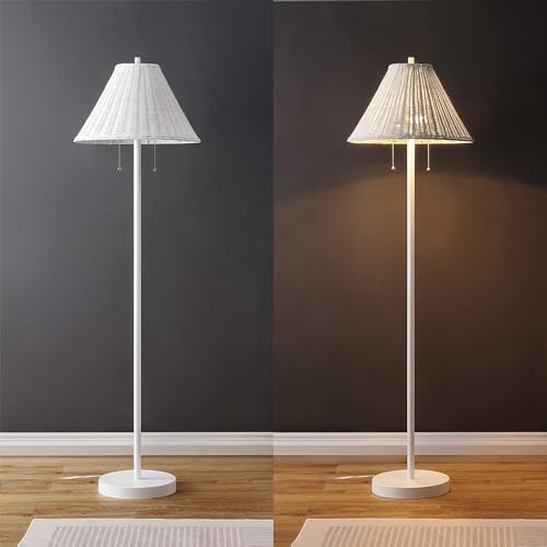 JONATHAN Y 61" White 2-Light Coastal Bohemian LED Floor Lamp for Living Room, Brown Rattan Shade, Mid-Century Modern Tall Standing Lamp, Pull-Chain, LED Bulbs Included (JYL3092B) - color: White