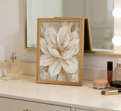 Framed White Flower Wall Art, Abstract Floral Canvas Print Poster, Neutral Boho Flowers Botanical Wall Decor for Living Room Bedroom, Minimalist Home Decoration, - color: White flowers, size: 24"L x 16"W