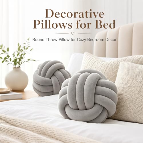 Petrella Knot Pillow, 8 Inch Light Gray Round Velvet Throw Pillow Ball Cushion, Machine Washable Soft Decorative Accent Pillow for Couch, Sofa, Bed, Home Decor - color: A1-light Gray, size: 8inch
