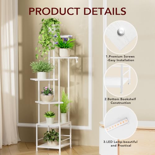 Homsorout Plant Stand Indoor with Grow Light - 6-Tier Metal Plant Shelf with Hanging Basket Hook, Corner Tall Flower Holder for Multiple Plants, Living Room Balcony Garden Patio, White - color: White, size: 6-Tier
