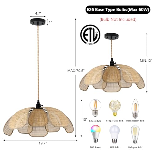 20 Inch Boho Flower Chandeliers for Dining Room Farmhouse Rattan Pendant Lights Girl Chandelier Hand Woven Bedroom Light Fixture Hanging Lamp for Kitchen Island - size: 20 Inch Ceiling