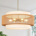 25.6" Rattan Chandelier, 6-Light Large Rattan Pendant Light with Fabric Lampshade, Farmhouse Boho Light Fixture Ceiling Hanging for Dining Room, Living Room, Bedroom, Kitchen Island, Hallway, Foyer - size: 25.6" Straight weaving