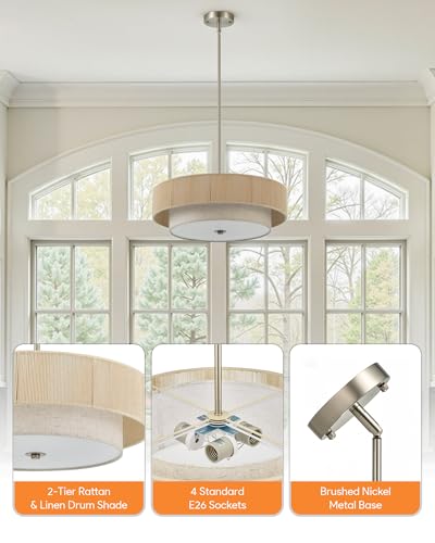 VONLUCE 17.7" Boho Rattan Chandelier, 4-Light Drum Chandelier with 2-Tier Woven Rattan Ceiling Light for Dining Room Bedroom Living Room with E26 Sockets, Nickel Finish, ETL Certified - color: Nickel, size: 18inch