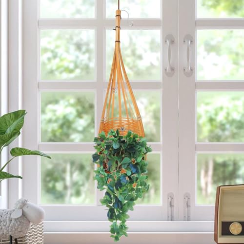Small Hanging Woven Baskets Handcrafted Bamboo Flower Planters Lightweight Indoor Hanging Basket for Home Office Garden Decor
