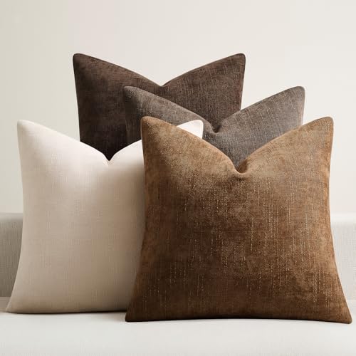 Pack of 4 Throw Pillow Covers 18x18 Inch Chenille Textured Neutral Brown Soft Pillow Covers Solid Decorative Farmhouse Cushion Covers Home Boho Western Decor for Couch Sofa Bed Living Room - color: Neutral Brown, size: 18" x 18" (Pack of 4)
