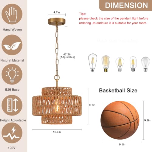 12.6" Rattan Pendant Light, Hand-Woven Boho Farmhouse Hanging Light Fixture, Mini Drum Wicker Rattan Chandelier for Kitchen Island, Bedroom, Dining Room, Entryway - color: Gold 12.6"