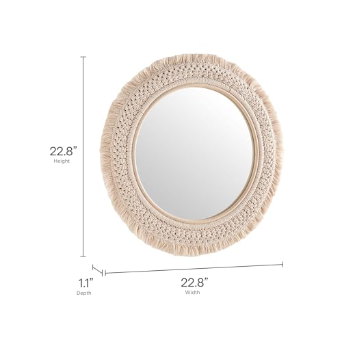 Jade Round Boho Wall Mirror with Natural Rattan Frame and Handwoven Macrame Fringe – Hanging Accent Mirror for Bathroom, Bedroom, or Nursery