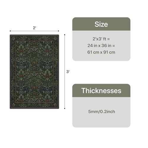 Bavni 2x4 Small Area Rug Machine Washable Non Slip, Vintage Floral Throw Rug, Low Pile Thin Lightweight Carpet for Entryway, Hallways, Kitchen and Bathroom, Dark Green - color: Dark Green, size: 2' x 4' (Rectangular)