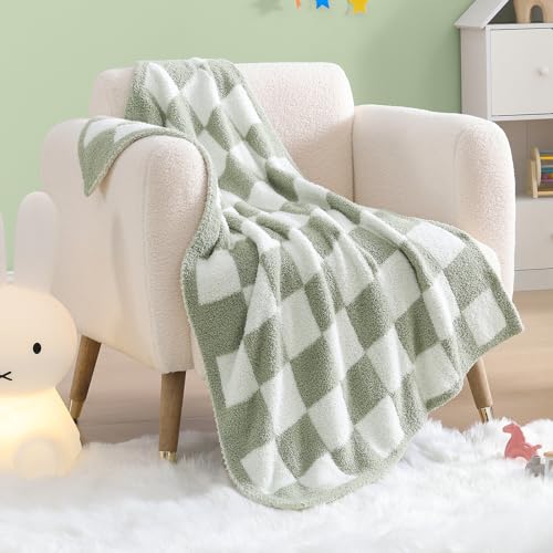 WRENSONGE Checkered Throw Blanket, Sage GreenSoft Cozy Fluffy Warm Hand Made Throw Blankets for Couch, Sofa, Chair, Bed, Camping, Picnic, Travel Lightweight Bed Blanket - 30"*40" - color: Aloe Sage, size: Small(30''x40'')