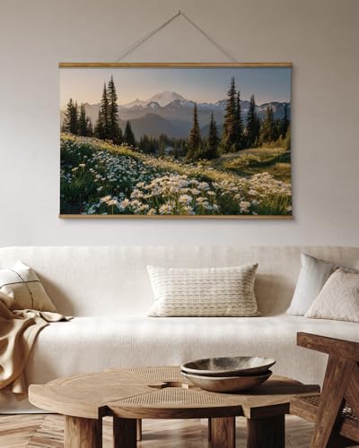 VIYYIEA Extra Large Size Canvas Wall Art, 36x54 Inch Mountain Landscape Scroll Painting with Wildflowers and Pines, Oversized Nature Wall Hanging for Living Room, Bedroom, or Office Decor - color: Evening in the Mount Rainier Range
