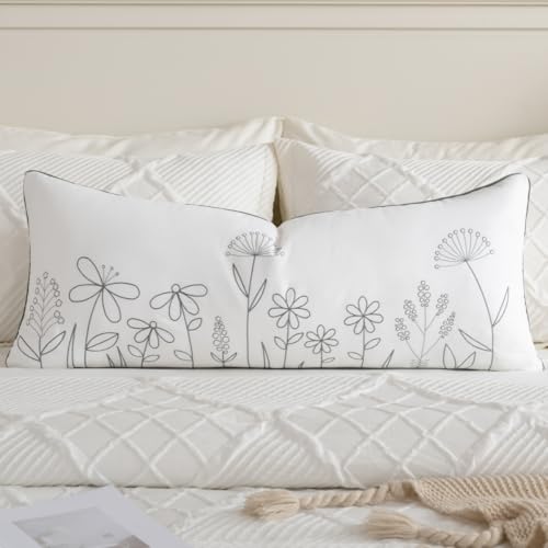 Sunkifover Floral Throw Pillow Cover 14x36 Inch Cotton Embroidery Rectangular Cushion Cover, White and Grey Lumbar Decorative Farmhouse Pillowcase for Bed, Living Room, and Bedroom - color: Wild Flowers, size: 36" x 14"