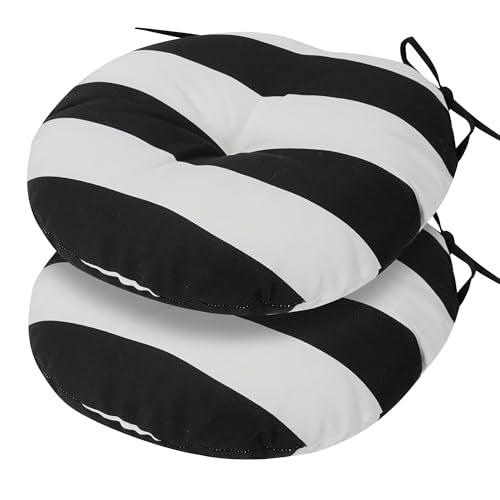 FUNHOME 15"x15"x4" Bistro Chair Cushion Set of 2, Water Repellent Round Outdoor Chair Cushions with Ties, Patio Tufted Chair Pads for Home Garden (Black White Stripe) - color: Black White Stripe