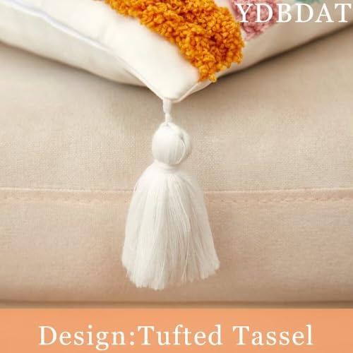 Boho Decorative Rainbow Colorful Throw Pillow Covers 18x18 Farmhouse Tufted Textured Pillow Covers with Tassels Woven Cushion Case for Sofa Bed Living Room Hallowmas Ivory x1 - color: Ivory, size: 18" x 18" (Pack of 1)