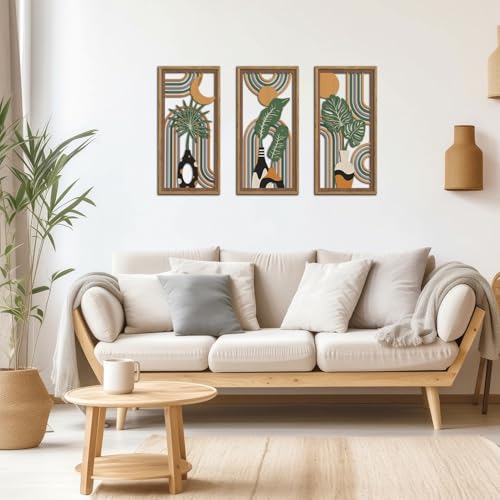 KAIRNE Boho Wooden Wall Art,Bohemian Wood Wall Decor Set of 3(16”X8”),Farmhouse Geometric Hanging Decor,Abstract Minimalist Sun Moon Artwork for Living Room Bedroom Nursery Office Decoration,Framed - color: Farmhouse Geometric, size: 8"L x 16"W