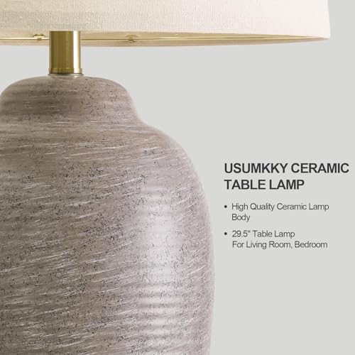 USumkky 29.5" Tall Vintage Ceramic Table Lamp with 5FT Cord - Single Large Rustic Farmhouse Bedside Lamp with Linen Shade & Natural Textured Finish, Nightstand Table Lamp for Bedroom End Table,Grey - color: 29.5" Grey