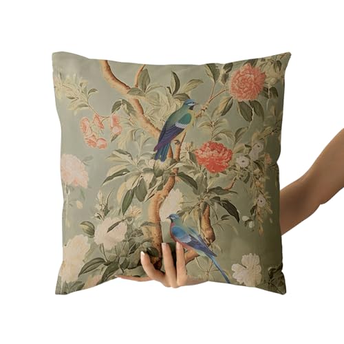 Chinoiserie Pillow Cover 16x16 Inch Brown Vintage Bird Flower Throw Pillow Covers Farmhouse Floral Decorative Pillowcase Outdoor Cotton Square Cushion Cover for Couch Sofa Bedroom Decor (Pack of 2) - color: Brown, size: 16" x 16" (Pack of 2)