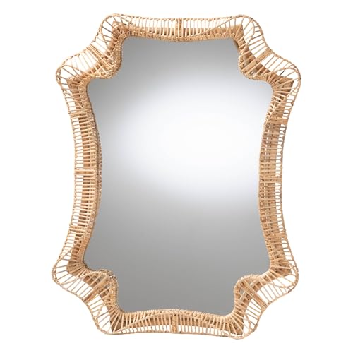 Bali & pari Yusra Natural Rattan Wall Mirror – Handwoven Wicker Frame with Freeform Silhouette, Coastal Boho Wall Decor for Entryway Bedroom or Living Room