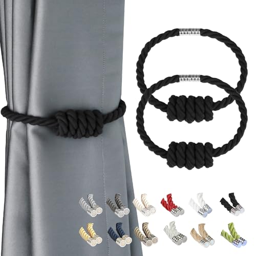 BEL AVENIR Magnetic Cotton Curtain Tiebacks, Decorative Drapery Holdbacks Modern Woven Tie-Backs with Exquisite Knot (Black Cotton, 2 Pack) - color: Black Cotton, size: 2 Pack