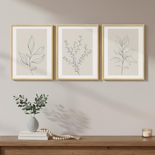 Framed Botanical Line Bedroom Wall Art, 3 Piece Neutral Leaf Print for Room Wall Decor, Minimalist Beige Plant Artwork for Walls, Botanical Picture for Living Room Guest Room Hallway Decor, 12x16 Inch - color: Neutral Beige