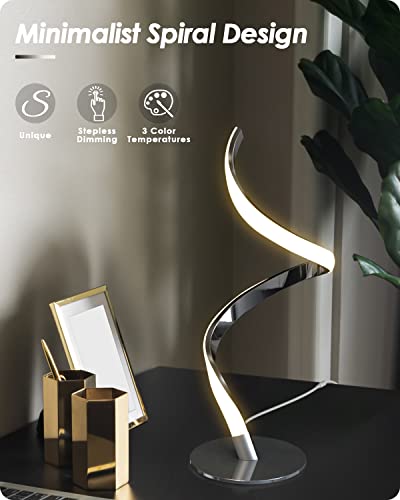 Yarra-Decor Modern Spiral Bedside Lamp - 3 Colors Touch Control LED Table Lamp, Stepless Dimmable Nightstand Lamps for Bedroom Living Room & Office(3000K 4000K 5000K) - color: Silver