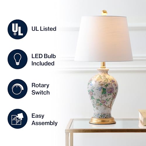 JONATHAN Y 24" Multi-Colored/Gold French Country Ceramic Floral Urn Table Lamp, White Linen Shade, Chinoiserie Ginger Jar Bedside Lamp for Living Room Bedroom, LED Bulb JYL3009A - color: Multicolor