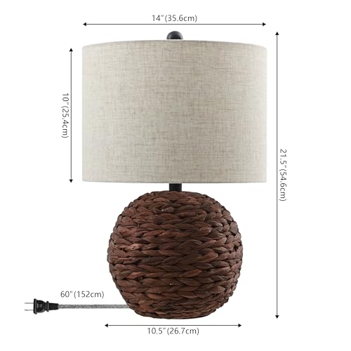 JONATHAN Y 21.5" Dark Brown Modern Coastal Woven Rattan Globe LED Table Lamp for Bedroom, Oatmeal Linen Drum Shade, LED Bulb Included, Rustic Bedside Lamp for Living Room (JYL6514B) - color: Dark Brown