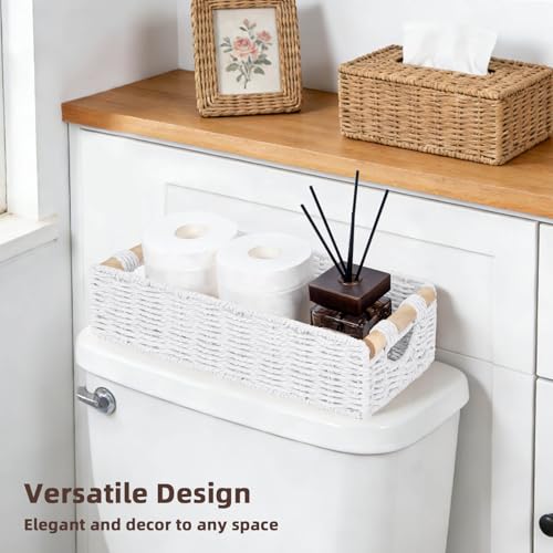 CubesLand Back of Toilet Storage Basket for Organizing w/Cut Out Handle, Handwoven Toilet Tank Top Paper Baskets, Wicker Decorative Basket for Countertop, Home Decor, Living Room, Nursery, White - color: White, size: M-14.17" (L) X 6.29" (W) X 3.54" (H)