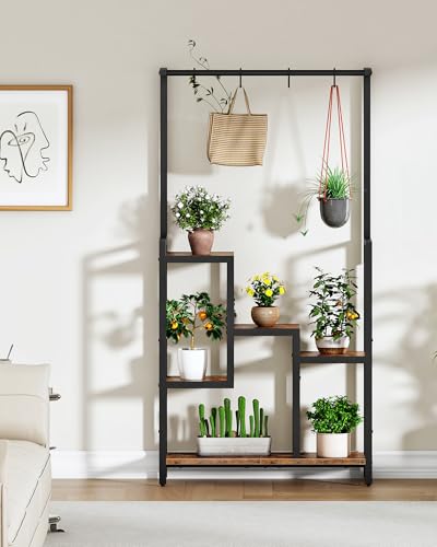 CHOEZON Plant Stand Indoor, 63" Tall Wooden Plant Shelf with Hanging Hooks and Staggered Tiers, Freestanding Flower Rack for Living Room, Balcony, Corner, Rustic Brown and Black TCJ41BF
