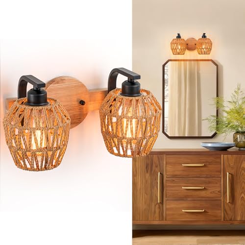 2-light Bathroom Lights Over Mirror,Rattan Vanity Light Fixtures,Farmhouse Boho Wall Sconce with Woven Cage,Rustic Boho Wall Mounted Light Wooden Vanity Lighting for Bedroom Living Room Hallway Foyer - color: 2light-Drum shade