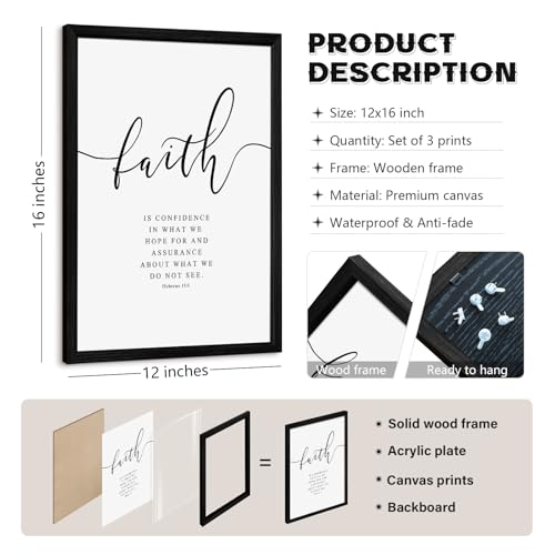 Bible Verses Wall Decor 3 Pieces Scripture Quotes Canvas Wall Art Faith Hope Love Scripture Posters Prints Christian Artwork Pictures for Living Room Bedroom Decoration 12x16 Inch Black Framed - color: Bible Verse Art - One, size: 12x16 Inch Black Framed