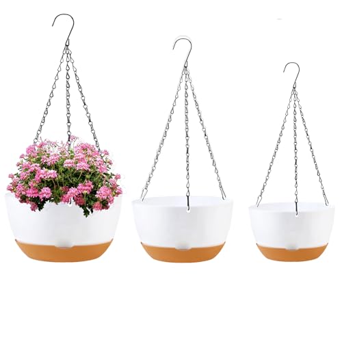 KPUVX 8/10/12 inch Hanging Planters for Indoor Outdoor Plants with Self-Watering Pots, 3 Pack Plastic Hanging Basket with Removable Tray for Home Garden Porch Balcony Patio Decor(White) - color: White, size: 8/10/12 inch