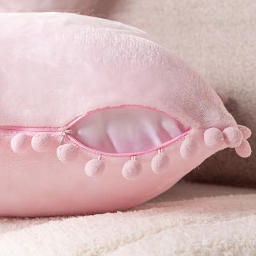 PAVILIA Light Pink Throw Pillow Covers with Pom Pom 18x18 Set of 2, Decorative Pillow Cases for Bedroom Aesthetic, Small Throw Pillows Set for Bed, Velvet Euro Plush Cushion Covers for Sofa Couch - color: Light Pink, size: 18" x 18" (Pack of 2)