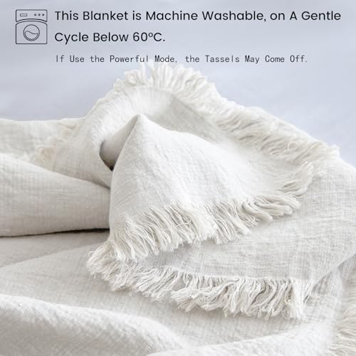 Simple&Opulence 100% Linen Throw Blanket 55x75 inches, Farmhouse Boho Tassel Blanket for Couch, Bed, Sofa, Breathable Natural Cozy Décor, White ﻿ - color: White
