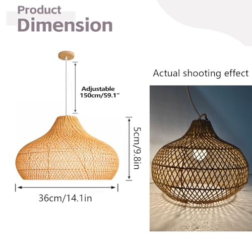 Natural Rattan Pendant Light for Kitchen Island, Ceiling Light Wicker Lampshade Lantern 14.1" Bamboo Lamp Hanging Light Ceiling Lighting Fixture Suitable for E26/27 Lamp Holder - color: Natural